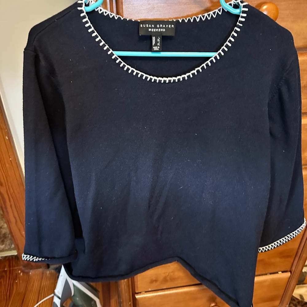 Susan Graver Blue Sweater Blouse with White Details